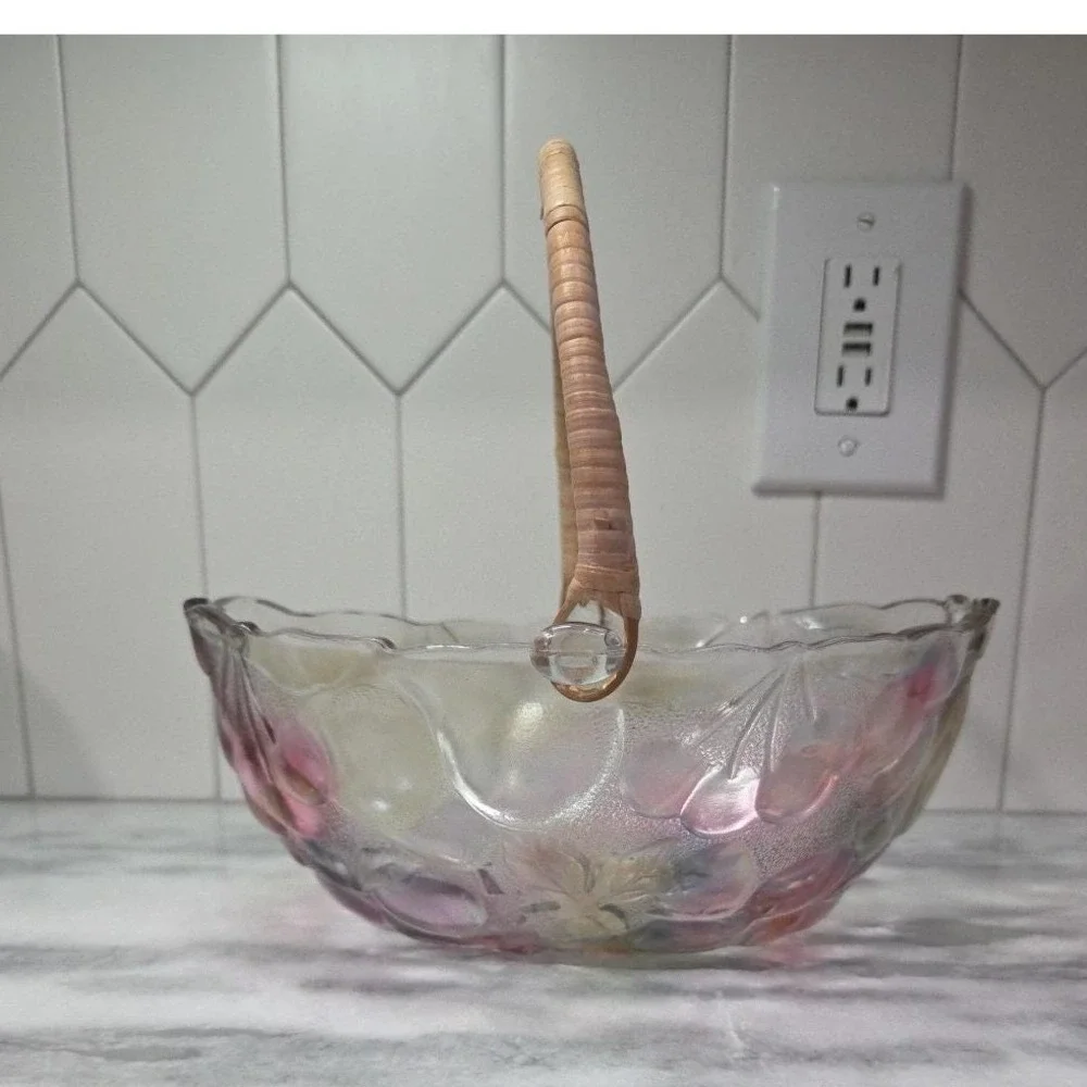 Home Interiors Multicolor Garden Themed Glass Basket Vintage Rattan Handle Decor
